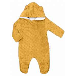 Baby Nellys Kombinézka/overálek MINKY s kapucí a oušky - hořčice vel.  80