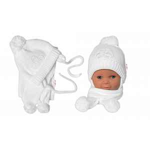 Zimní čepička s šálou, 2D sada - Autíčko bílá, 0-6m