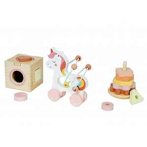 2Kids Toys Motorické hračky 3v1 Unicorn – vkládačka, pyramida, labyrint, 12m+