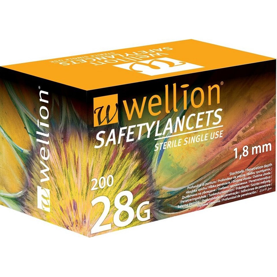 LANCETY WELLION SAFETY LANCETS 28G JEDNORÁZOVÉ BEZPEČNOSTNÍ LANCETY 28G,200KS/2ROKY
