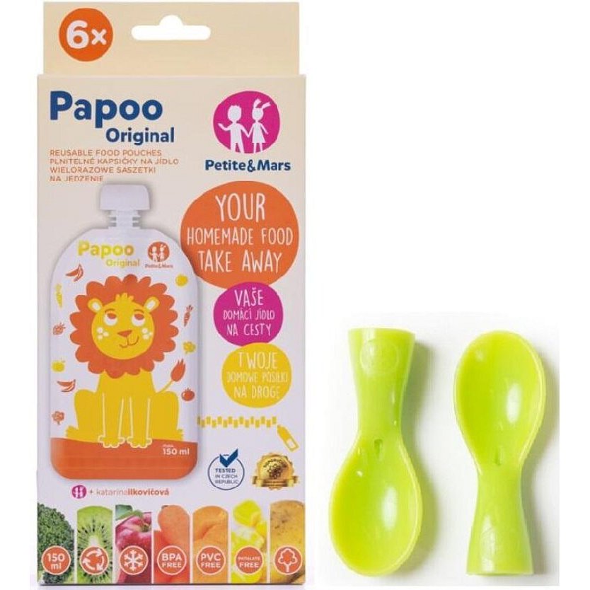 PETITE&MARS Kapsička na jídlo Papoo Lev 6 ks a Lžička ke kapsičce