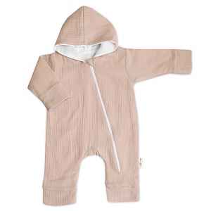 Baby Nellys Mušelinový overálek s kapucí, dvouvrstvý, Hand Made, béžový vel.  56