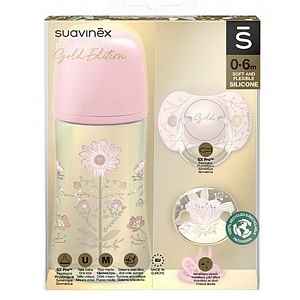 Suavinex Gold Set láhev 270ml + dudlík 0/6m + klip - růžová