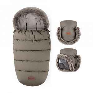Petite&Mars Set zimní fusak Comfy 4v1 + rukavice na kočárek Furry Mocha Mousse
