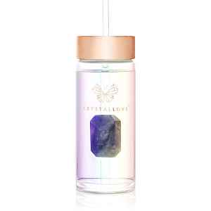 Crystallove Clear Quartz Straw Water Bottle skleněná láhev na vodu s brčkem Hologram - Amethyst 400 ml