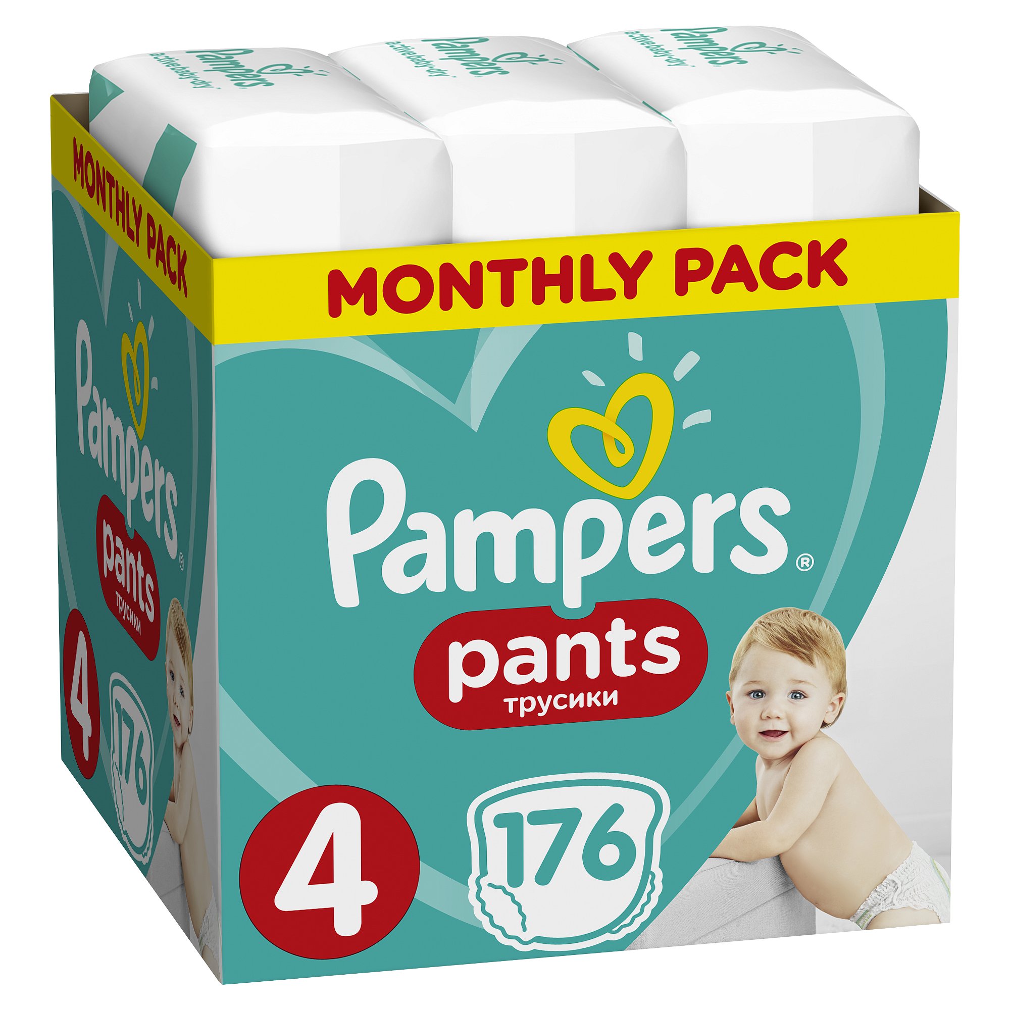 PAMPERS Pants 4 Active Baby Dry 176 ks (8-14 kg) MĚSÍČNÍ ZÁSOBA - plenkové kalhotky