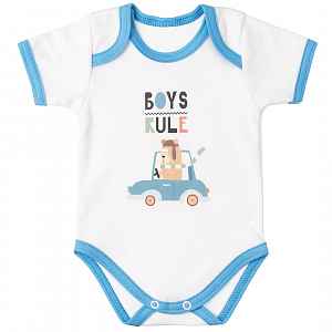 MBaby Bavlněné body s krátkým rukávem, Méďa Boys Rule, bílo/modré