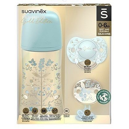 Suavinex Gold Set láhev 270ml + dudlík 0/6m + klip - modrá