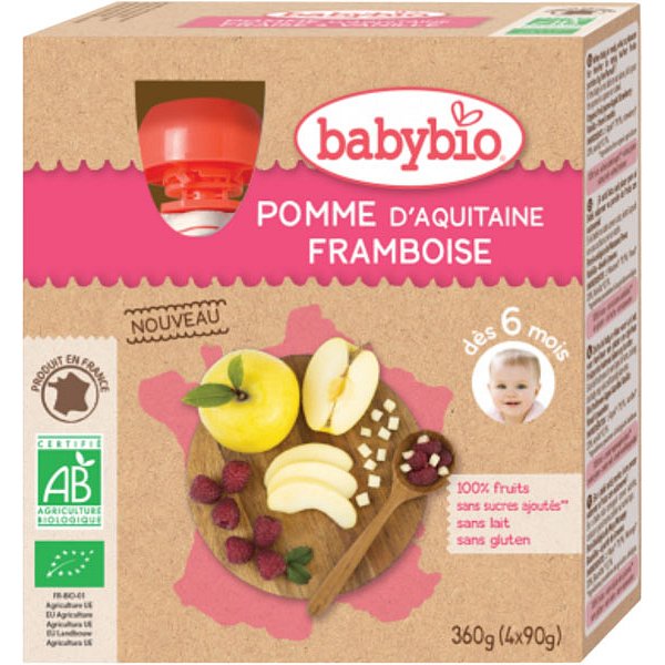 BABYBIO Jablko malina 4x90 g – ovocný příkrm