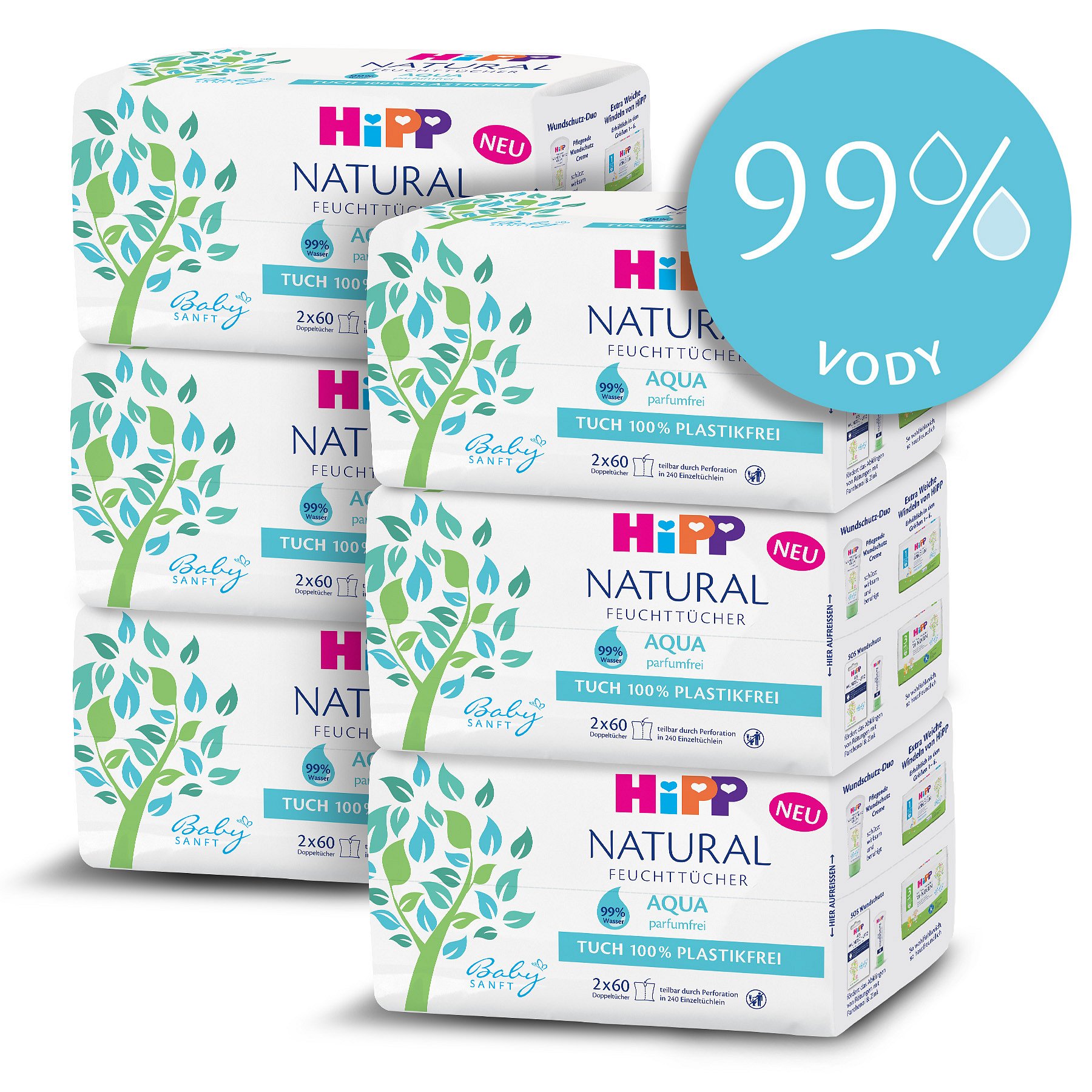 6x HIPP Babysanft Čistící vlhčené ubrousky Aqua Natural 2x60 ks