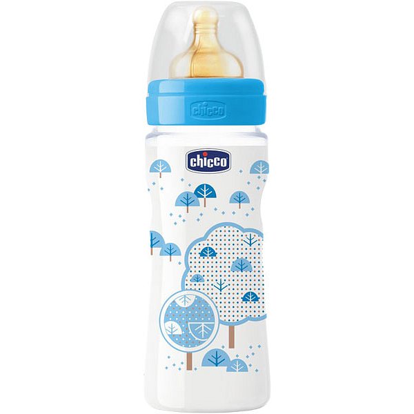 CHICCO Láhev Well-Being 330 ml, kaučukový dudlík rychlý průtok – modrá