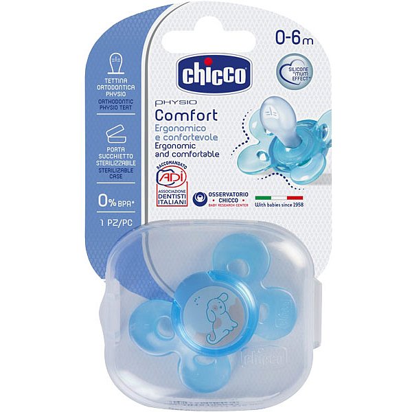 CHICCO Šidítko Physio Comfort, silikonové (0-6m) – modré, 1 ks