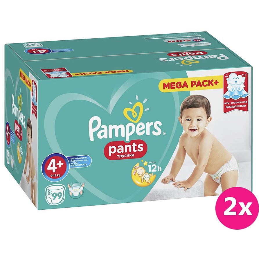 2x PAMPERS Pants 4+ Active baby dry (9-15 kg) 99 ks MEGA BOX – plenkové kalhotky