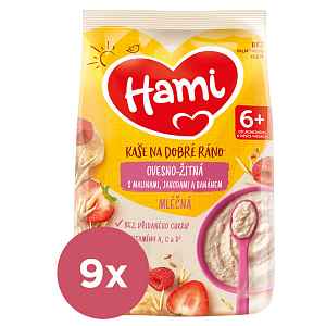 9x HAMI Kaše mléčná ovesno-žitná s banánem, jahodami a malinami 210 g