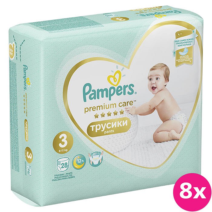 8x PAMPERS Premium Care Pants 3 MIDI (6-11 kg) 28 ks Carry Pack – plenkové kalhotky