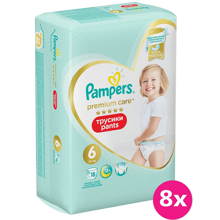 8x PAMPERS Premium Care Pants 6 MAXI (15+ kg) 18 ks Carry Pack – plenkové kalhotky