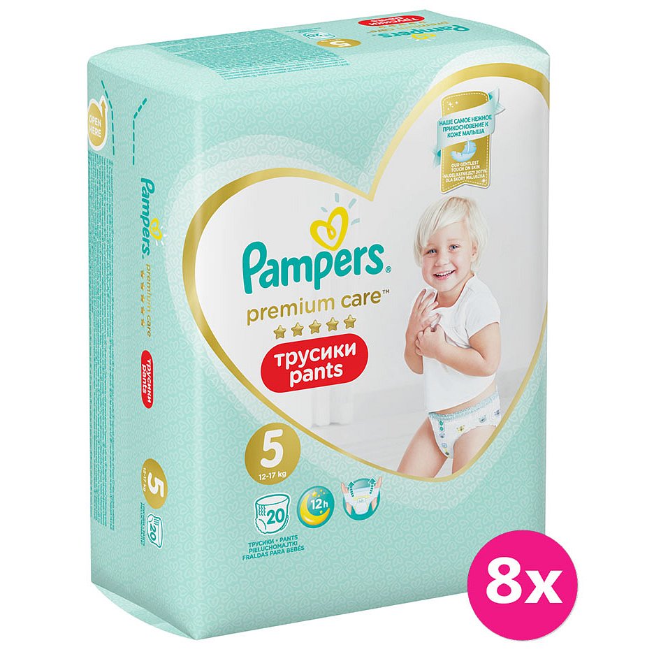 8x PAMPERS Premium Care Pants 5 JUNIOR (12-17 kg) 20 ks Carry Pack – plenkové kalhotky