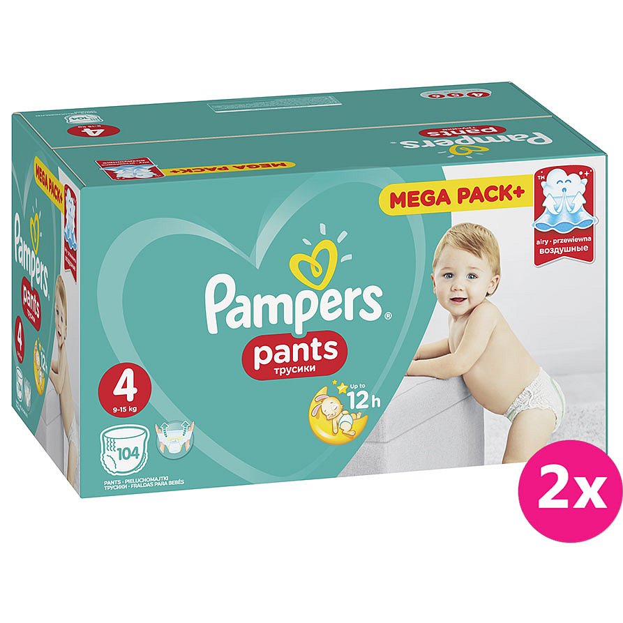 2x PAMPERS Pants 4, 104ks (9-15 kg) MEGA Box - plenkové kalhotky