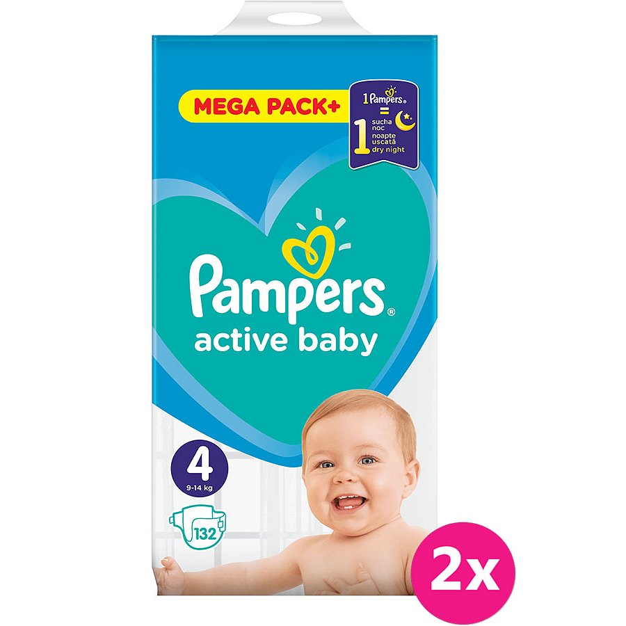 2x PAMPERS Active Baby 4 (9-14 kg) 132 ks MEGA PACK – jednorázové pleny