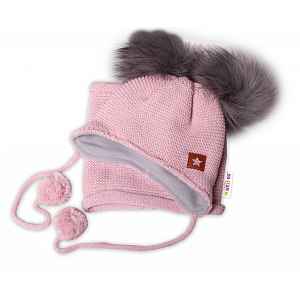 Baby Nellys Zimní čepice s fleecem Star + komínek, pudrová,104/116