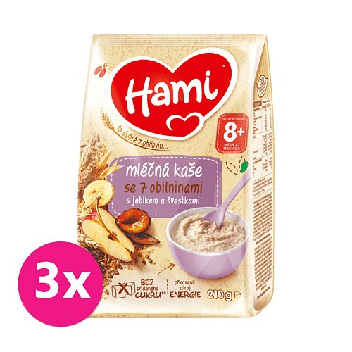 3 x HAMI Mléčná kaše se 7 obilninami s jablkem a švestkami 210 g, 8+