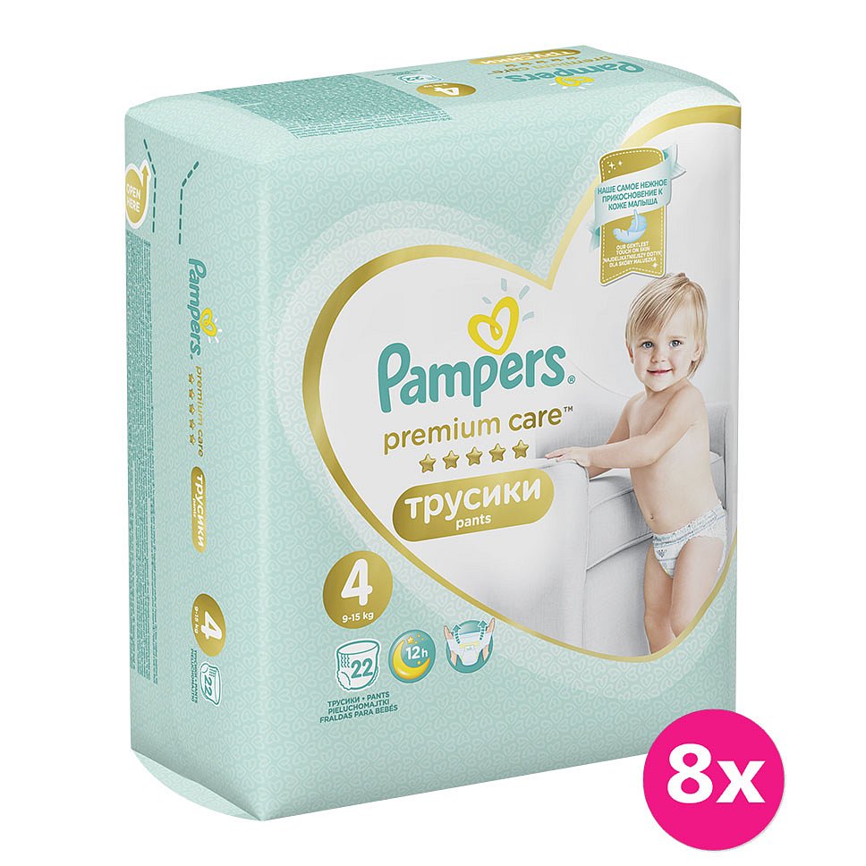 8x PAMPERS Premium Care Pants 4 MAXI (9-15 kg) 22 ks Carry Pack – plenkové kalhotky