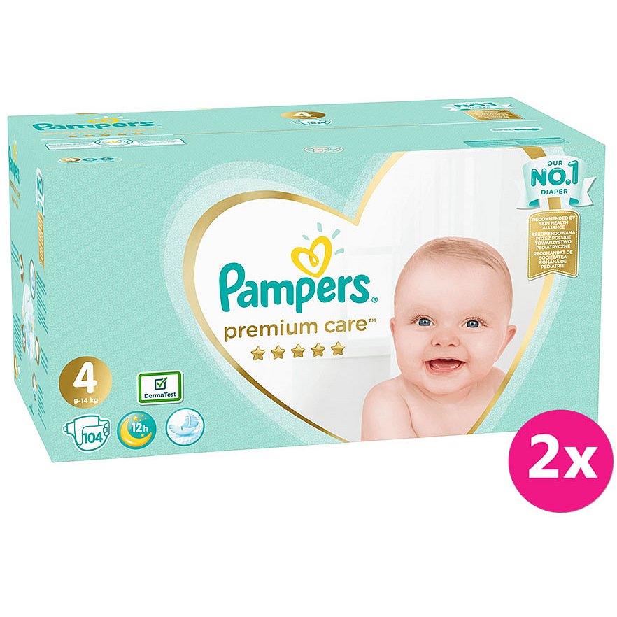 2x PAMPERS Premium Care 4 MAXI 104ks (9-14 kg) MEGA Box - jednorázové pleny