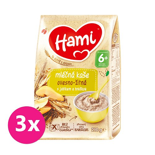 3 x HAMI Mléčná kaše ovesno-žitná s jablkem a hruškou 210 g, 6+