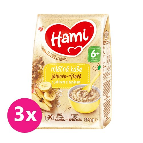 3 x HAMI Mléčná kaše jáhlovo-rýžová s jablkem a banánem 210 g, 6+