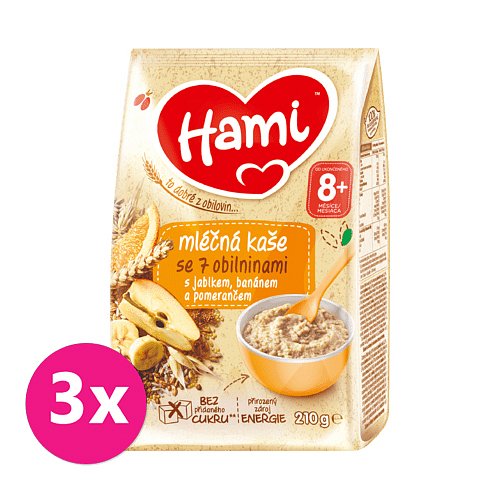 3 x HAMI Mléčná kaše se 7 obilninami s jablkem, banánem a pomerančem 210 g, 8+