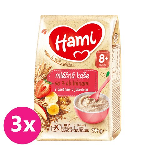 3 x HAMI Mléčná kaše se 7 obilninami s banánem a jahodami 210 g, 8+