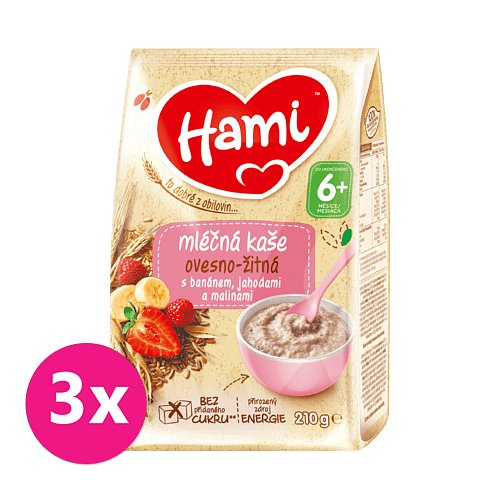 3 x HAMI Mléčná kaše ovesno-žitná s banánem, jahodami a malinami 210 g, 6+