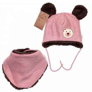 Baby Nellys Zimní čepice s kožíškem a šátkem Teddy Bear,růžová, 68/74