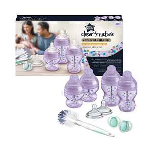 Tommee Tippee Sada kojeneckých lahviček C2N ANTI-COLIC s kartáčem Purple 9 ks