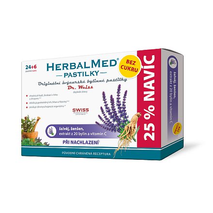 HerbalMed Dr.Weiss pastilky BEZ CUKRU Šalvěj-ženšen 24+6 ks