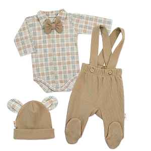 Baby Nellys Bavlněná souprava Gentleman 3D, body, polodupačky, čepička, béžová/kostička