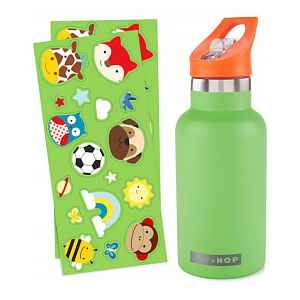 SKIP HOP Láhev se slámkou nerezová s nálepkami canteen zelená 380 ml, 4r+