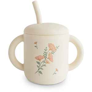 Mushie Silicone Training Cup Pink Flowers hrnek s brčkem 1 ks