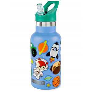 SKIP HOP Láhev se slámkou nerezová s nálepkami canteen modrá 380 ml, 4r+