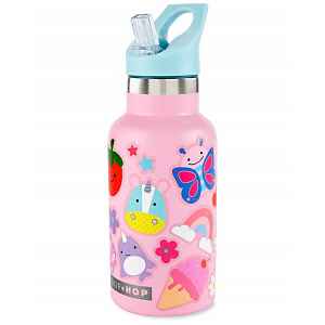 SKIP HOP Láhev se slámkou nerezová s nálepkami canteen růžová 380 ml, 4r+