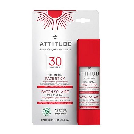 100 % minerální ochranná tyčinka na obličej a rty ATTITUDE (SPF 30) bez vůně 18,4 g