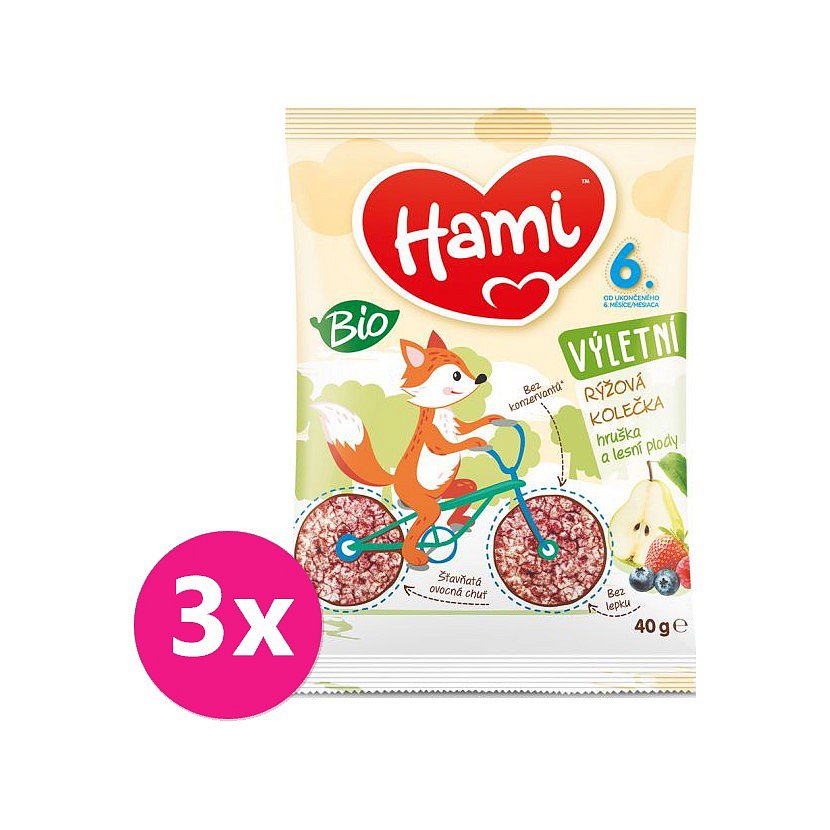 3x HAMI Výletní BIO rýžová kolečka hruška a lesní plody 40 g, 6+