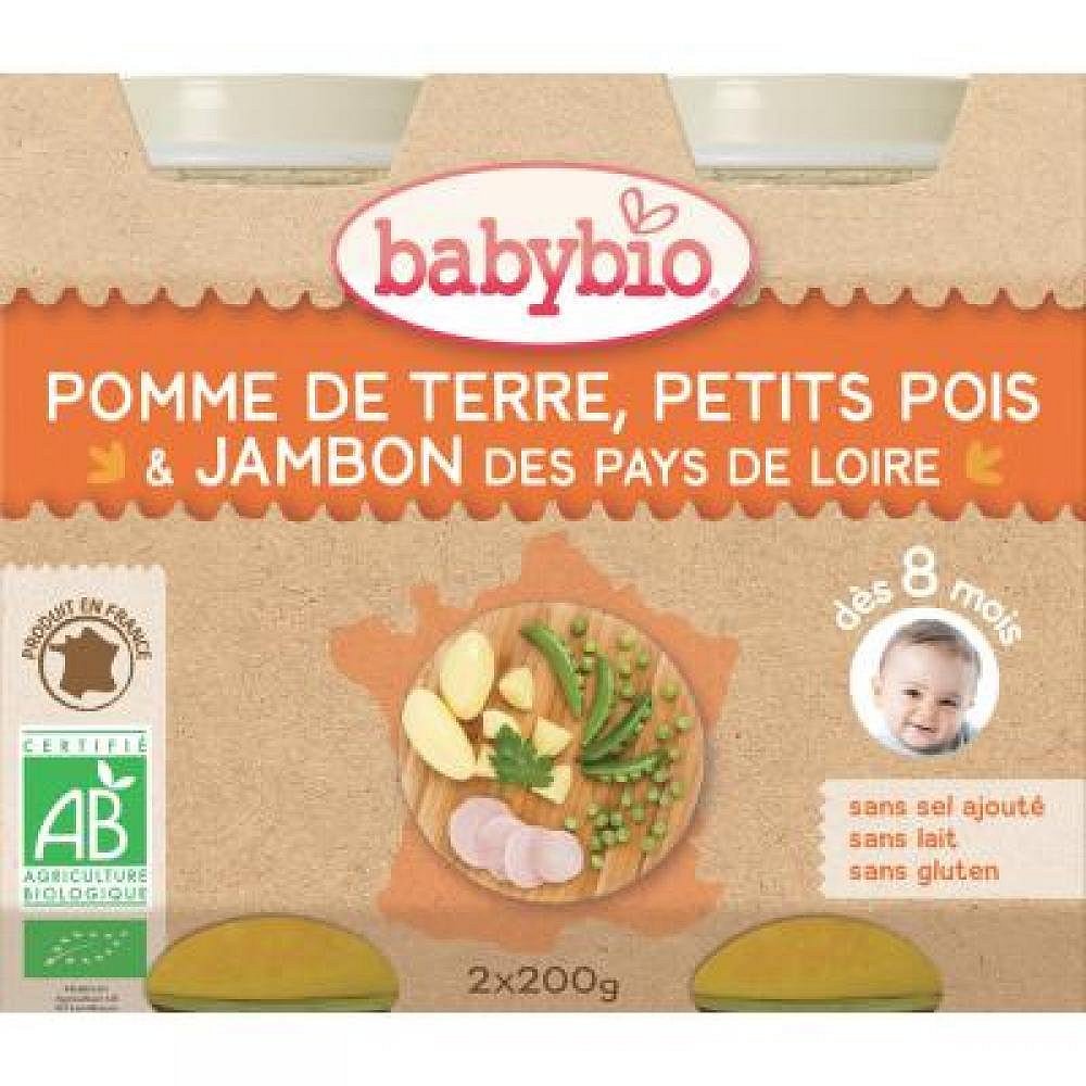 BABYBIO Denní menu Brambory a hrášek se šunkou 2x200 g