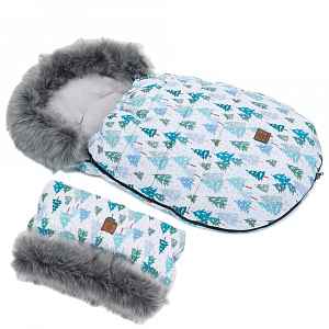 Mamo Tato Zimní fusak Lux s kožešinkou + rukávník, Zimní les, 50 x 100cm - šedý/zelený