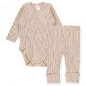 MBaby Zavinovací žebrované body + tepláčky, 2D sada , béžové, vel. 68