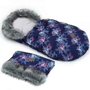 Mamo Tato Zimní fusak Lux s kožešinkou + rukávník, Květy Neon, 50 x 100cm - šedý/granát