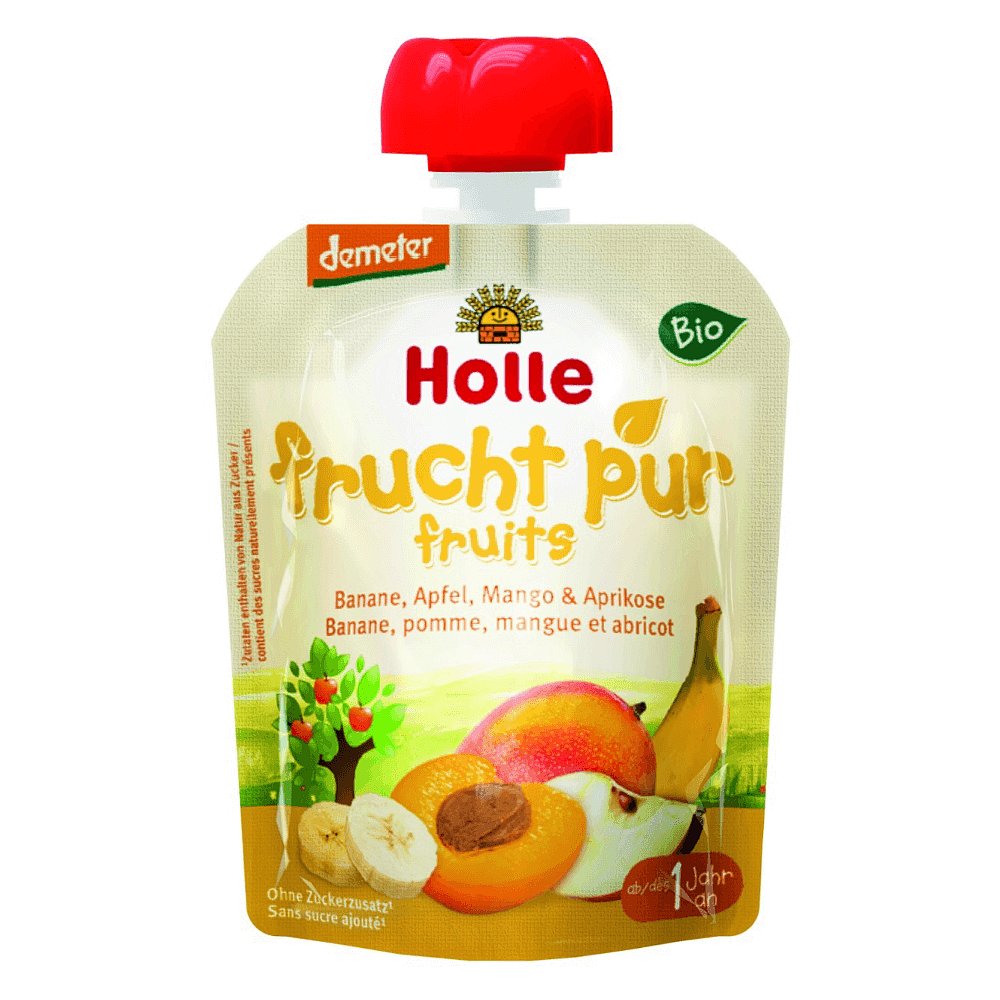 HOLLE Baby Bio Ovocné pyré banán, jablko, mango a meruňka 90 g