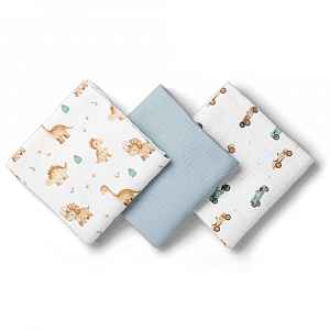 BocioLand Mušelínové pleny 3 ks 70 × 70 cm z jemné bavlny - modré, Auta a dinosauři