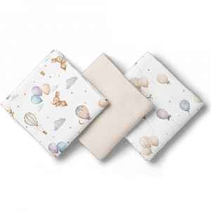 BocioLand Mušelínové pleny 3 ks 70 × 70 cm z jemné bavlny - béžové, Zajíček a balónky