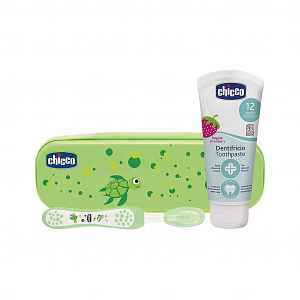 Chicco Set zubní kartáček a pasta s fluorem v pouzdře Always Smiling zelená 12m+